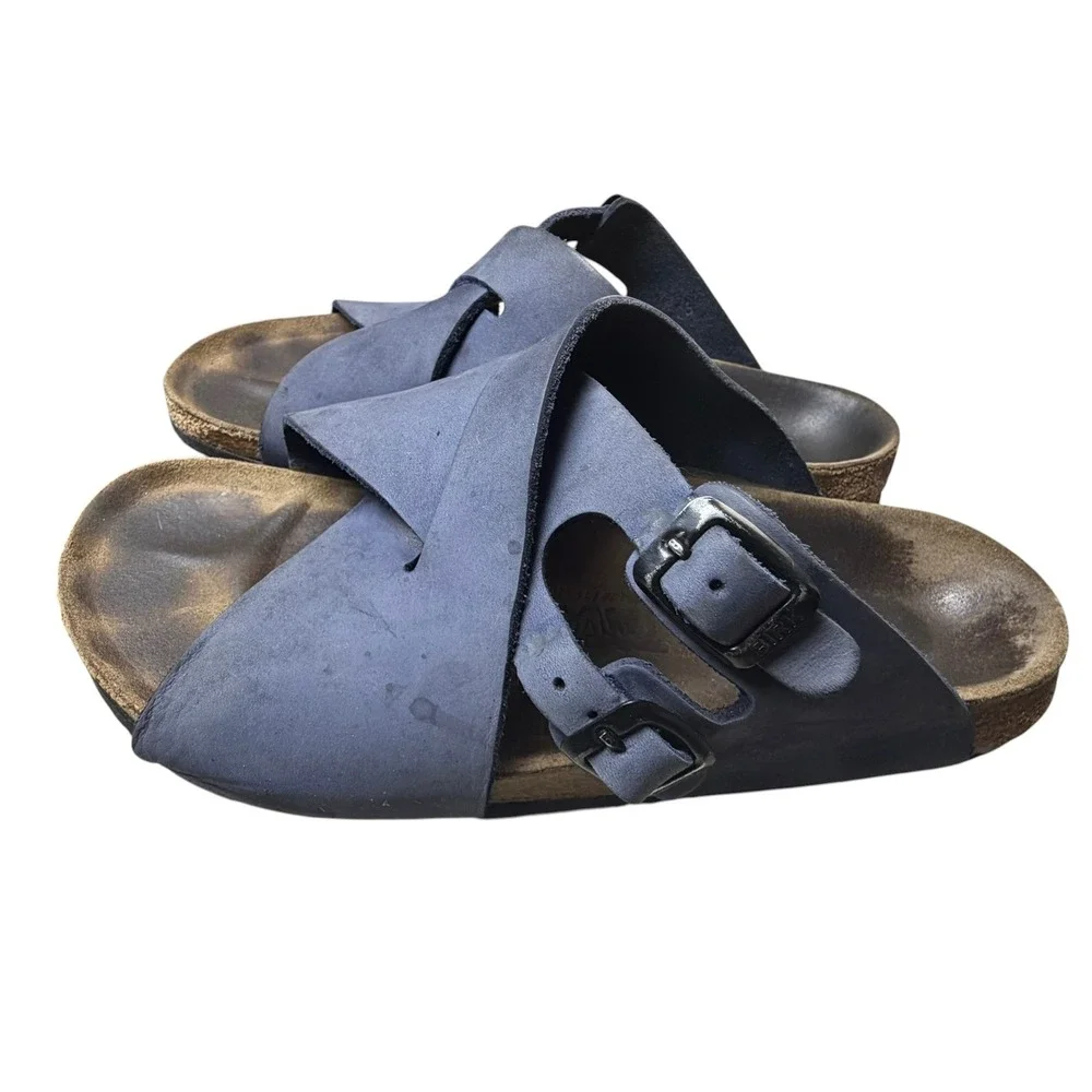 VINTAGE TATAMI BY BIRKENSTOCK LUGANO SLIDES Premium Dusty Blue Leather L10 M8